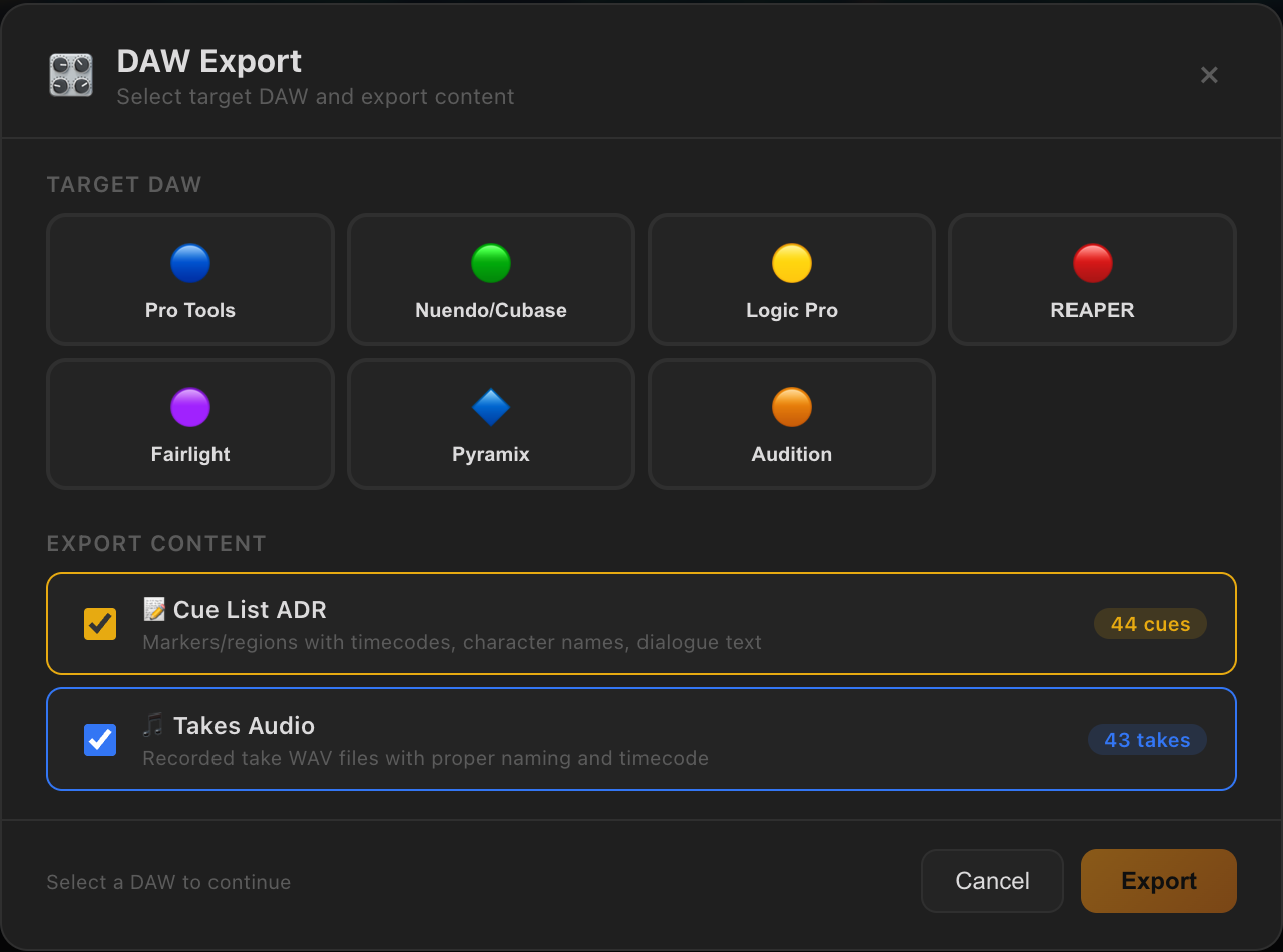 Pannello DAW Export